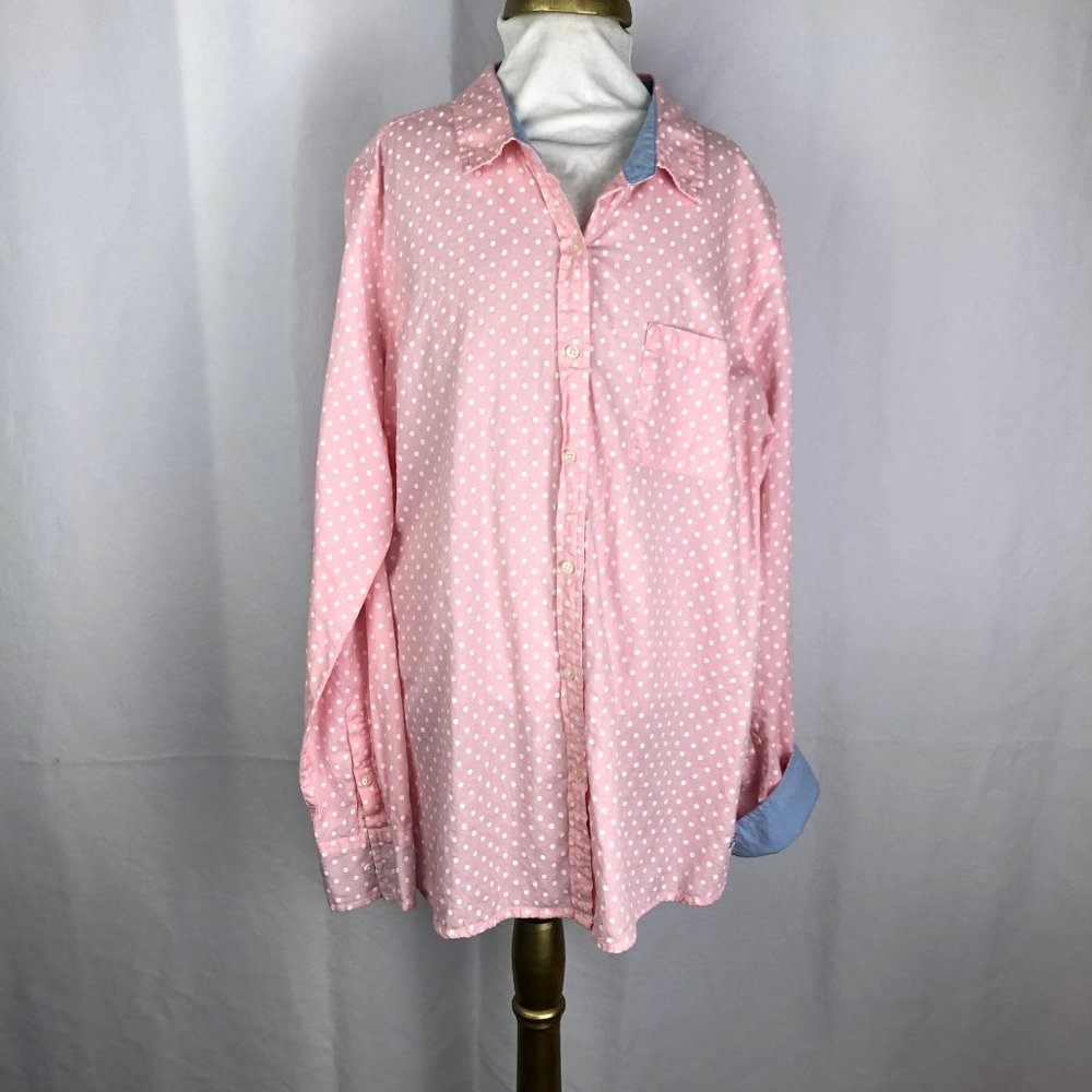 Vintage Le Tigre XL Pink Polka Dot Collared Button Up Blue Cuffs 100% Cotton 90s